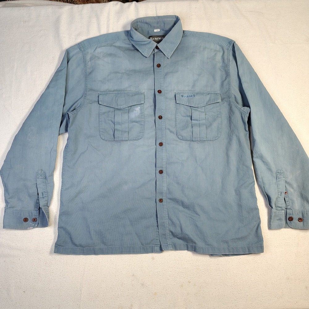 Simms Men Fishing Shirt XL Blue Cotton Gorpcore Long Sleeve Utility Button Up